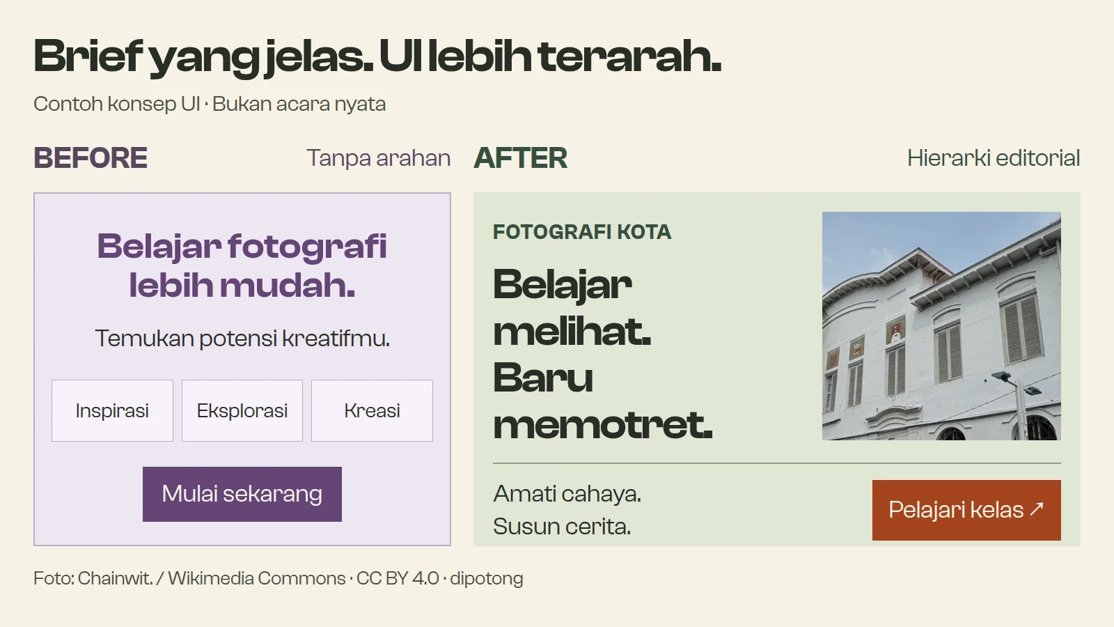Perbandingan visual antarmuka: template AI generik versus UI terarah dan teruji