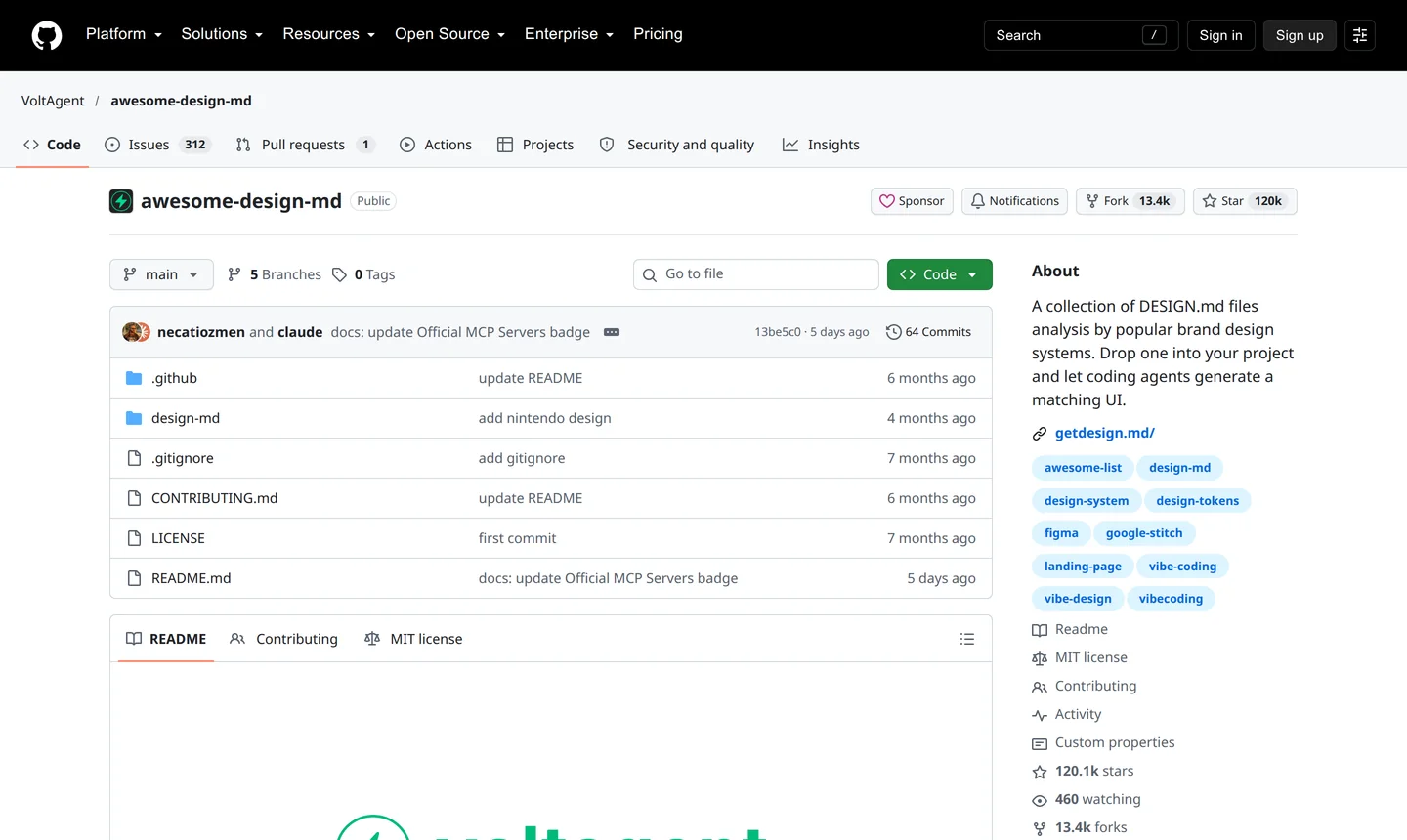 Tangkapan Layar Repositori Resmi VoltAgent awesome-design-md di GitHub