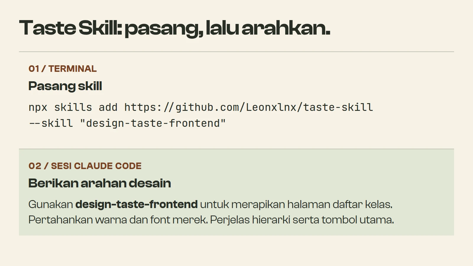 Diagram Pemisahan Lingkungan Taste Skill: Terminal Shell vs Sesi Claude Code
