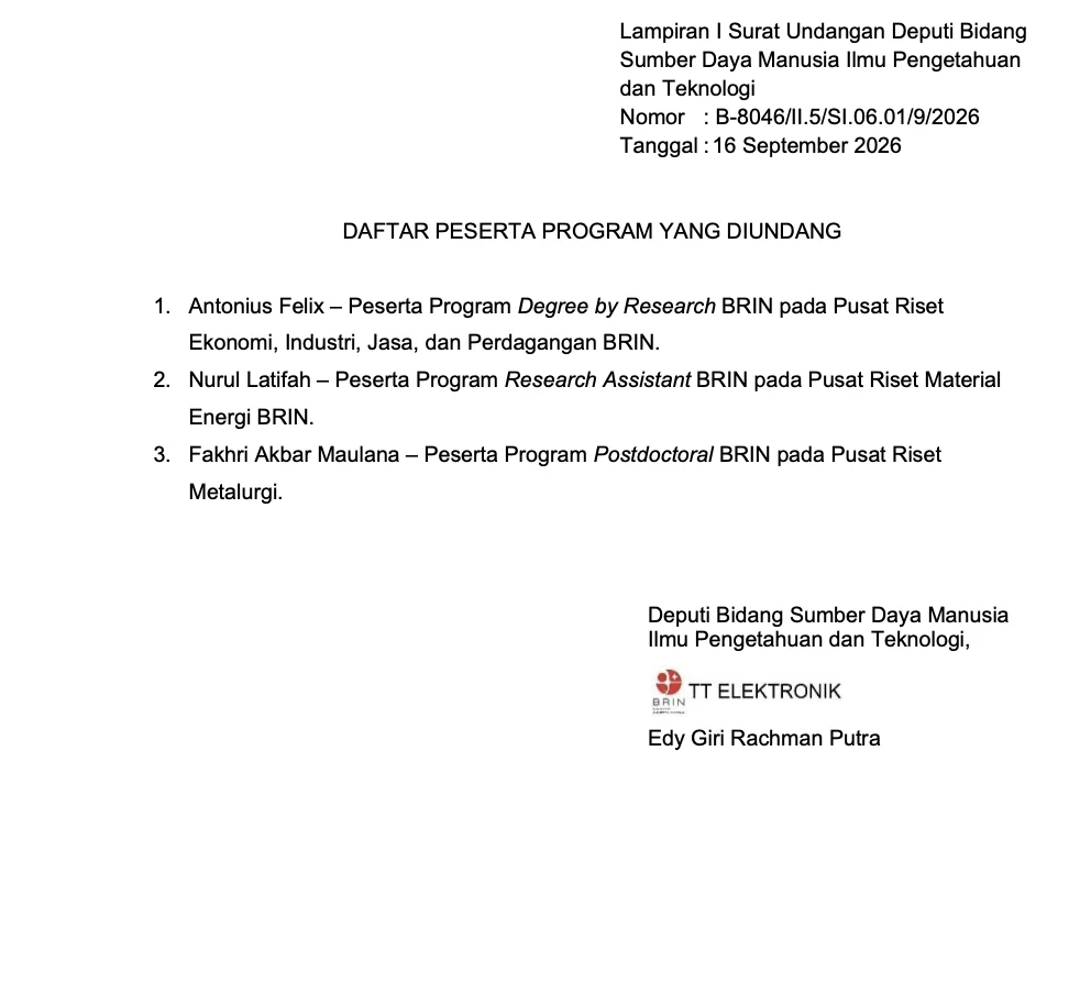 Lampiran surat undangan yang mencantumkan Antonius Felix sebagai peserta Degree by Research BRIN